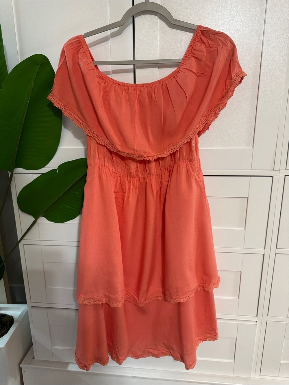 Women's Coral Off-Shoulder Midi Dress